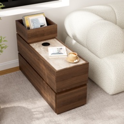 Travertine Stone Top Narrow Smart Side Table with Storage Modern Walnut End Table with USB Charging - thumbnail 1