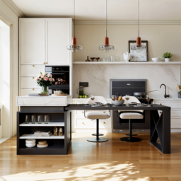 185 - 235 cm Extendable White&Black Kitchen Island with Storage Kitchen Cabinet - thumbnail 4