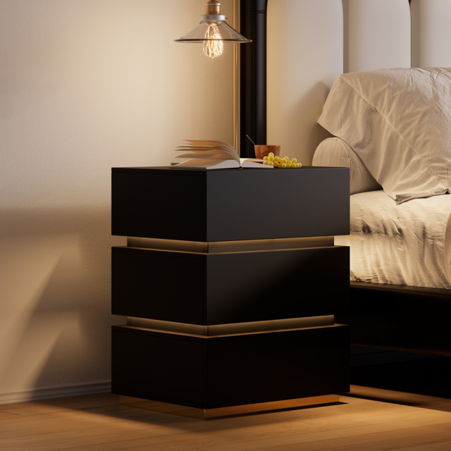 Smart LED 3-Drawer Bedside Table Wireless Charging Station Bedside Table with Light Modern Black - image 1
