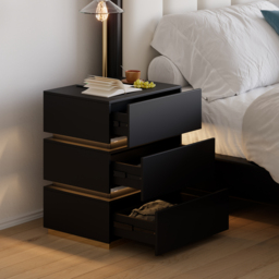 Smart LED 3-Drawer Bedside Table Wireless Charging Station Bedside Table with Light Modern Black - thumbnail 4
