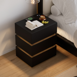 Smart LED 3-Drawer Bedside Table Wireless Charging Station Bedside Table with Light Modern Black - thumbnail 3