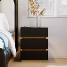 Smart LED 3-Drawer Bedside Table Wireless Charging Station Bedside Table with Light Modern Black - thumbnail 2