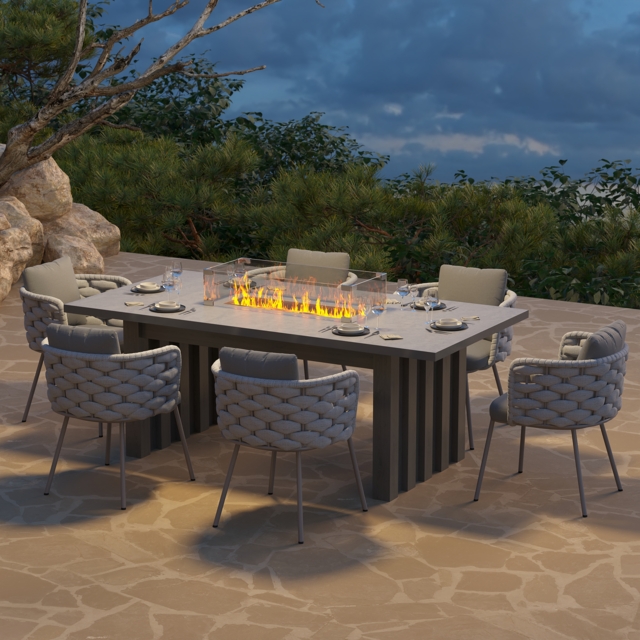 7 PCS Outdoor Propane Fire Pit Table & Rope Woven Armchair Rectangular Outdoor Dining Set Modern Yard & Patio Furniture for 6 Person in Gray - image 1