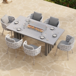 7 PCS Outdoor Propane Fire Pit Table & Rope Woven Armchair Rectangular Outdoor Dining Set Modern Yard & Patio Furniture for 6 Person in Gray - thumbnail 5