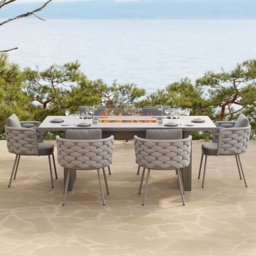 7 PCS Outdoor Propane Fire Pit Table & Rope Woven Armchair Rectangular Outdoor Dining Set Modern Yard & Patio Furniture for 6 Person in Gray - thumbnail 4