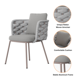 7 PCS Outdoor Propane Fire Pit Table & Rope Woven Armchair Rectangular Outdoor Dining Set Modern Yard & Patio Furniture for 6 Person in Gray - thumbnail 8