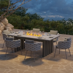 7 PCS Outdoor Propane Fire Pit Table & Rope Woven Armchair Rectangular Outdoor Dining Set Modern Yard & Patio Furniture for 6 Person in Gray - thumbnail 1
