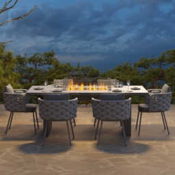 7 PCS Outdoor Propane Fire Pit Table & Rope Woven Armchair Rectangular Outdoor Dining Set Modern Yard & Patio Furniture for 6 Person in Gray - thumbnail 2