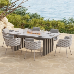 7 PCS Outdoor Propane Fire Pit Table & Rope Woven Armchair Rectangular Outdoor Dining Set Modern Yard & Patio Furniture for 6 Person in Gray - thumbnail 3