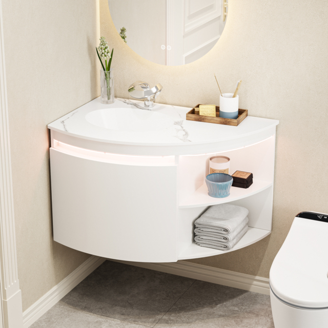 90 cm Corner Bathroom Vanity with Storage & LED Sensor Light - image 1