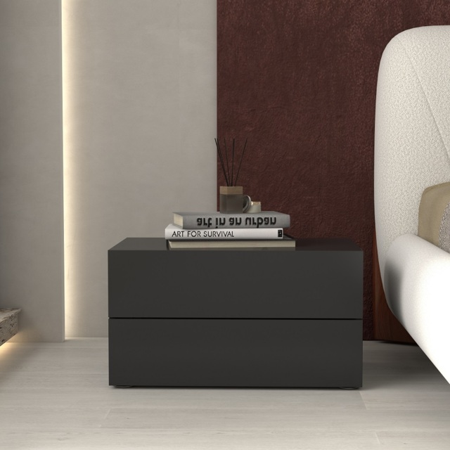 600 mm Modern Minimalist Black Bedroom Bedside Table with 2 Drawers - image 1