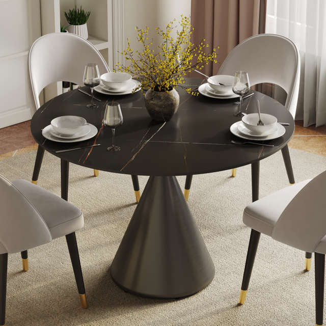 1000mm Sintered Stone Round Dining Table with Brushed Black Base Seats 2-4 People - image 1