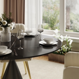 1000mm Sintered Stone Round Dining Table with Brushed Black Base Seats 2-4 People - thumbnail 9