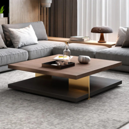 Industrial Black & Walnut Square Pedestal Coffee Table Solid Wood Accent Table - thumbnail 1
