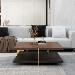 Industrial Black & Walnut Square Pedestal Coffee Table Solid Wood Accent Table - thumbnail 4