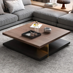 Industrial Black & Walnut Square Pedestal Coffee Table Solid Wood Accent Table - thumbnail 2