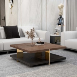 Industrial Black & Walnut Square Pedestal Coffee Table Solid Wood Accent Table - thumbnail 3