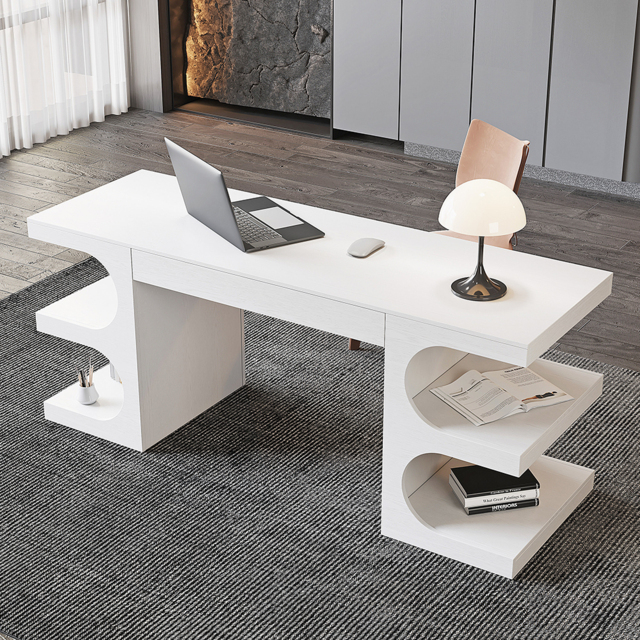 Modern White Writing Desk Office Desk with 1 Drawer & 4 Open Shelves Office Furniture (160 cm) - image 1
