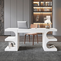 Modern White Writing Desk Office Desk with 1 Drawer & 4 Open Shelves Office Furniture (160 cm) - thumbnail 2