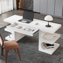 Modern White Writing Desk Office Desk with 1 Drawer & 4 Open Shelves Office Furniture (160 cm) - thumbnail 4