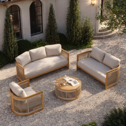 4-Piece Outdoor Teak & Rope Weave Sofa Set with Coffee Table for 6 - thumbnail 1