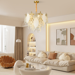 Luxury Tiered Leaf Glass & Crystal Chandelier with Adjustable Hanging Height - thumbnail 3