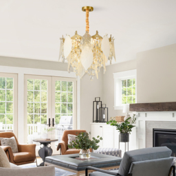 Luxury Tiered Leaf Glass & Crystal Chandelier with Adjustable Hanging Height - thumbnail 2