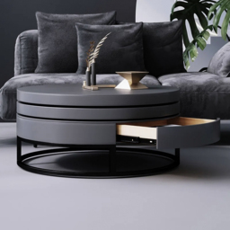 Gray Round Modern Wood Swivel Coffee Table with Storage Drawer - thumbnail 4