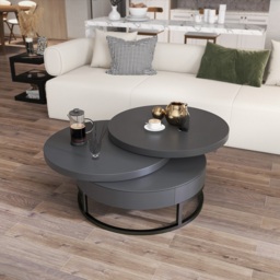 Gray Round Modern Wood Swivel Coffee Table with Storage Drawer - thumbnail 2