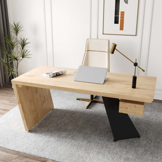 Industrial Natural Wooden Writing Desk & Leather Office Chair Set (1600mm) - image 1