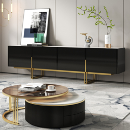 "Living Room Set 78.7"" Black TV Stand & Round Glass Nesting Coffee Table with Storage"