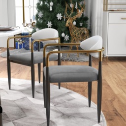Otrast Dining Chair White & Gray PU Leather Back Velvet Upholstered Arm Chair (Set of 2) - thumbnail 3