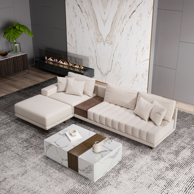 Modern Living Room Couch Set Fabric L-Shaped White Modular Sectional Sofa & Wood Block Coffee Table - image 1