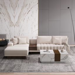 Modern Living Room Couch Set Fabric L-Shaped White Modular Sectional Sofa & Wood Block Coffee Table - thumbnail 2