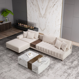 Modern Living Room Couch Set Fabric L-Shaped White Modular Sectional Sofa & Wood Block Coffee Table