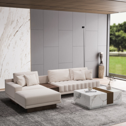 Modern Living Room Couch Set Fabric L-Shaped White Modular Sectional Sofa & Wood Block Coffee Table - thumbnail 3