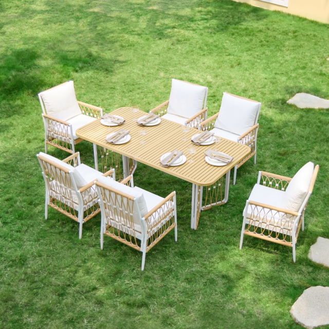 7 PCS Woven Rope Outdoor Dining Set Boho Style Yard & Patio Furniture for 4-6 Person in Khaki & White Cushion & Pillow Included - image 1