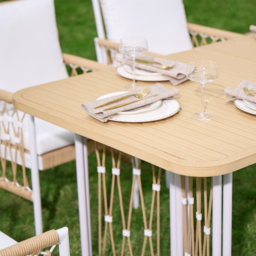 7 PCS Woven Rope Outdoor Dining Set Boho Style Yard & Patio Furniture for 4-6 Person in Khaki & White Cushion & Pillow Included - thumbnail 5