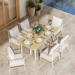 7 PCS Woven Rope Outdoor Dining Set Boho Style Yard & Patio Furniture for 4-6 Person in Khaki & White Cushion & Pillow Included - thumbnail 3
