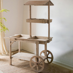 Natural Solid Wood Garden Cart Display Plant Stand Potting Bench - thumbnail 1