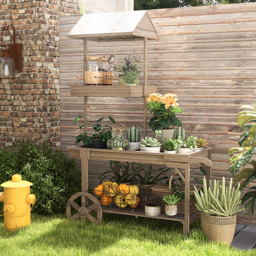 Natural Solid Wood Garden Cart Display Plant Stand Potting Bench - thumbnail 6