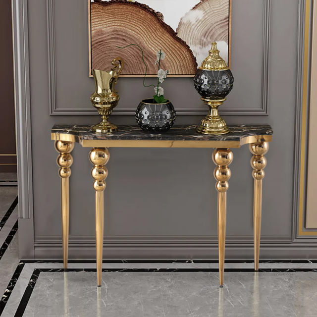 1200mm Mid-Century Modern Black Narrow Console Table Faux Marble Entryway Table Stainless Steel Legs - image 1