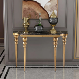 1200mm Mid-Century Modern Black Narrow Console Table Faux Marble Entryway Table Stainless Steel Legs - thumbnail 1