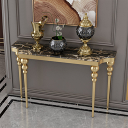 1200mm Mid-Century Modern Black Narrow Console Table Faux Marble Entryway Table Stainless Steel Legs - thumbnail 2