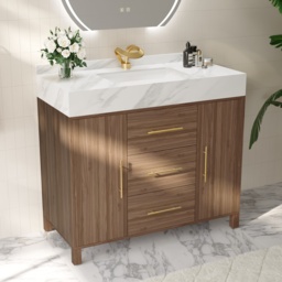 100 cm Floating Bathroom Vanity Cultured Marble Top Bathroom Cabinet Walnut with Sink - thumbnail 9
