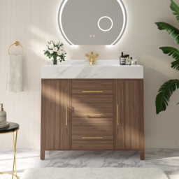 100 cm Floating Bathroom Vanity Cultured Marble Top Bathroom Cabinet Walnut with Sink - thumbnail 2