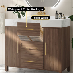 100 cm Floating Bathroom Vanity Cultured Marble Top Bathroom Cabinet Walnut with Sink - thumbnail 6
