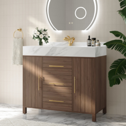 100 cm Floating Bathroom Vanity Cultured Marble Top Bathroom Cabinet Walnut with Sink