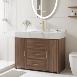"39.3"" Floating Bathroom Vanity Cultured Marble Top Bathroom Cabinet Walnut with Sink"