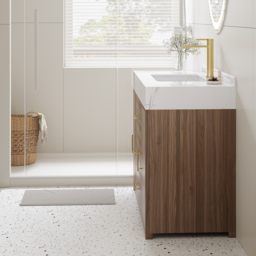 "39.3"" Floating Bathroom Vanity Cultured Marble Top Bathroom Cabinet Walnut with Sink" - thumbnail 4